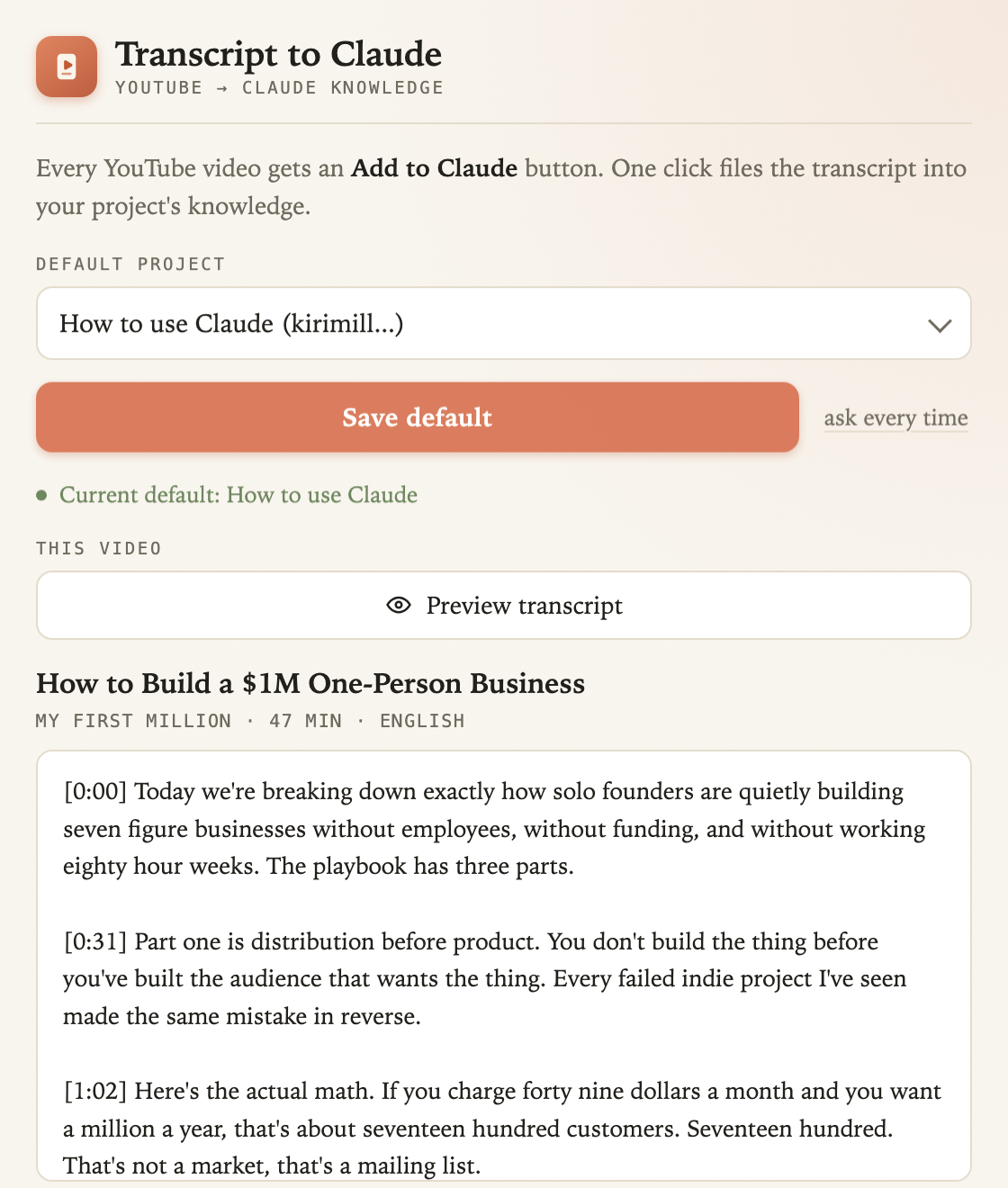 Transcript preview inside the extension popup, with buttons to add to a project, copy, or download