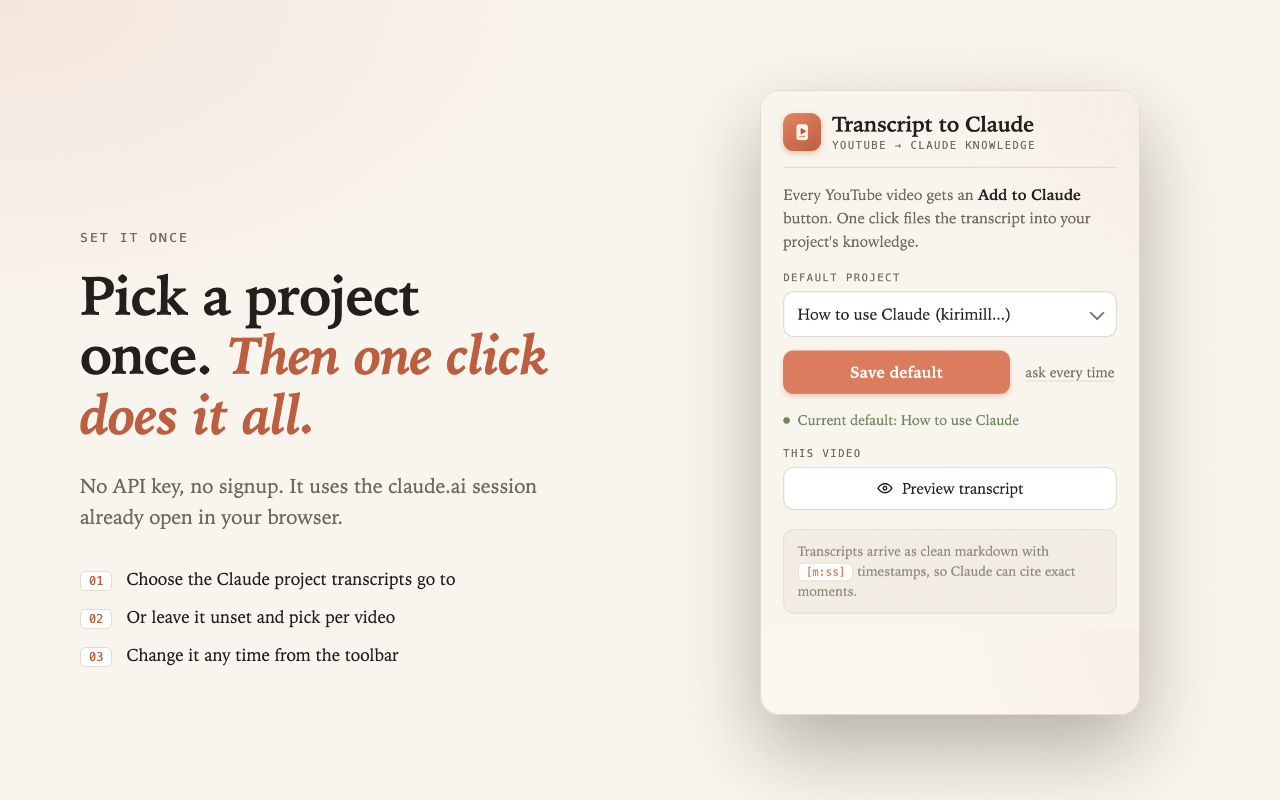 Picking a default Claude project in the extension popup